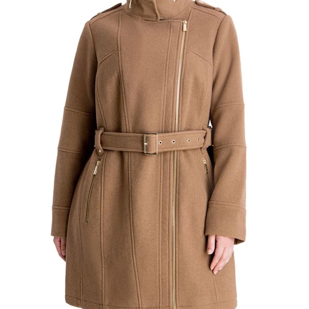 Michael Kors Womens Asymmetrical Belted Coat Camel Brown Wool